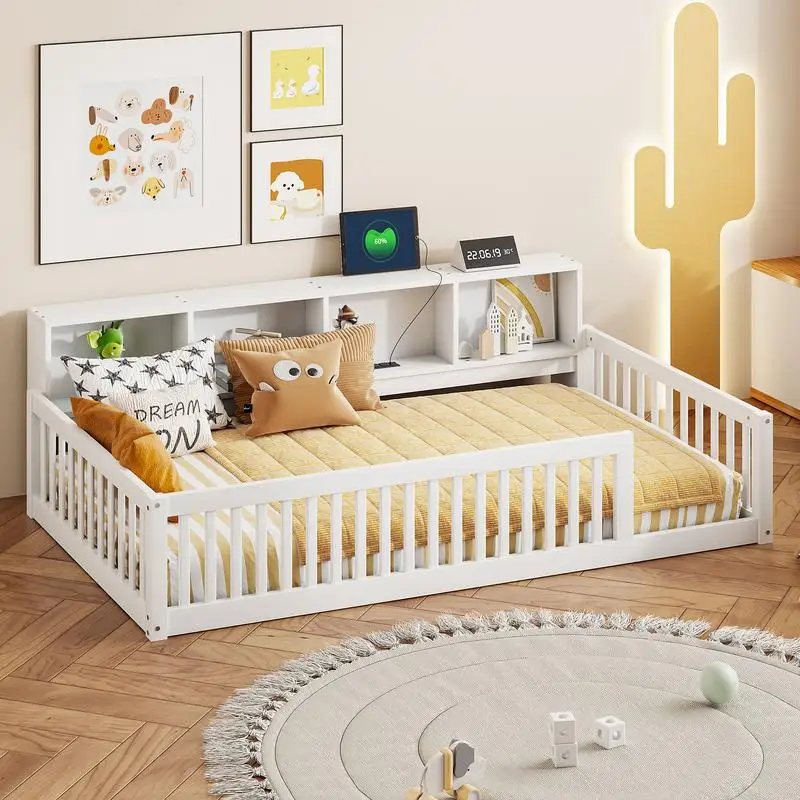 Wood Twin XL Floor Bed w/ Storage Cabinets & USB Ports, White Finish