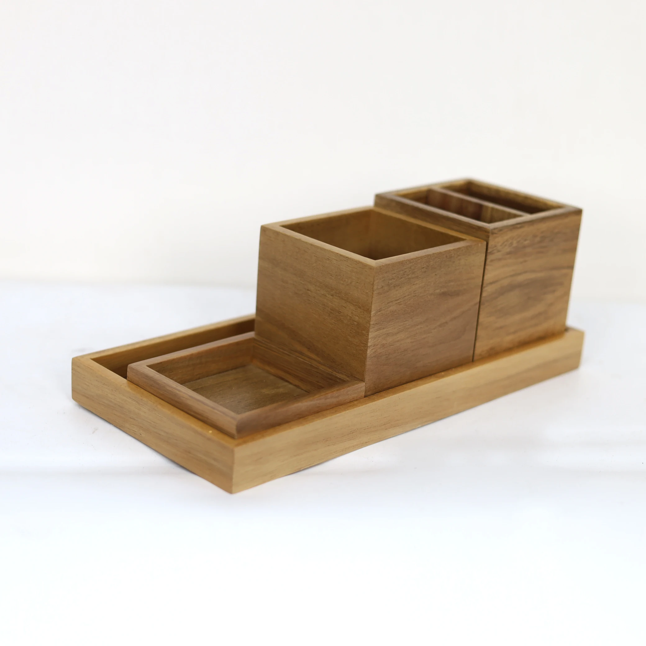 4-Piece Wooden Desktop Organizer Set for Kitchen & Bathroom Wood Counter Tray for Amenities Accessory Storage Box Pencil Holder