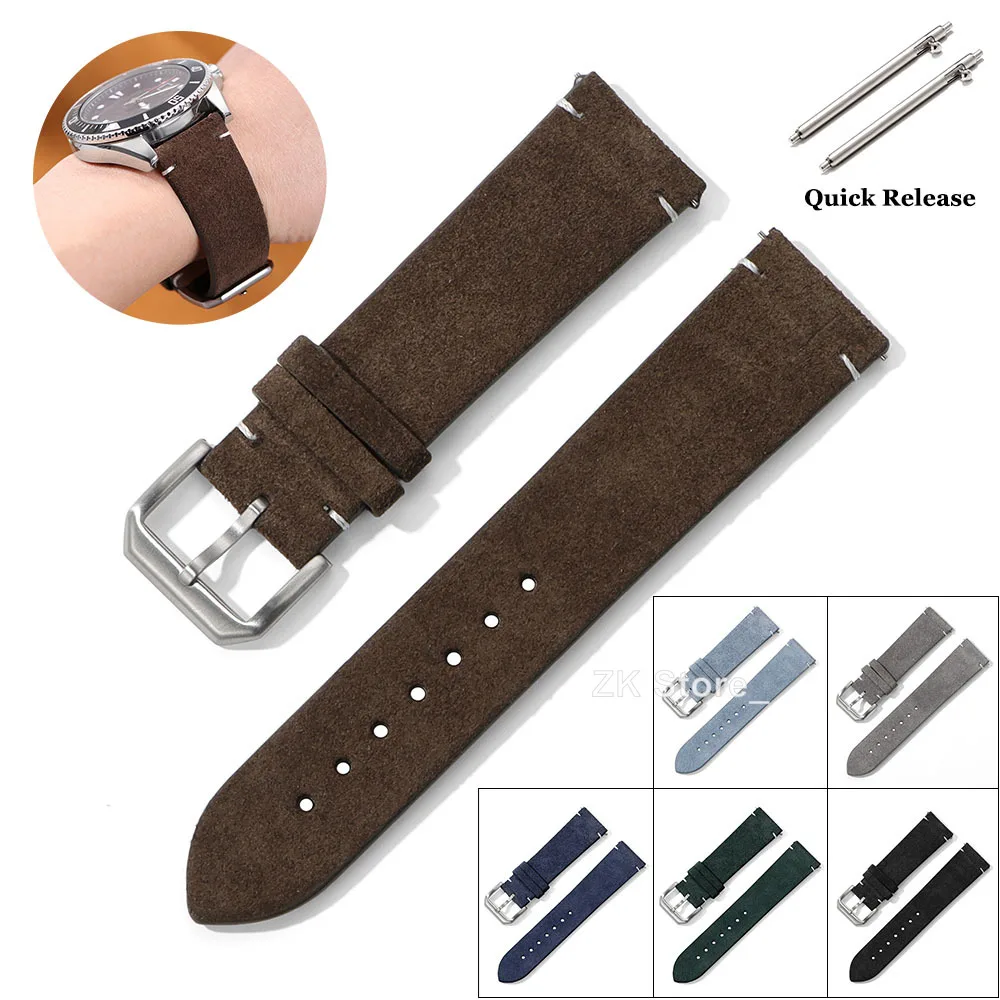 

Suede Leather Watch Strap 20 22mm for Samsung Watch6/5/4 Soft Calfskin Bracelet Quick Release Band Handmade Stitching Wristband