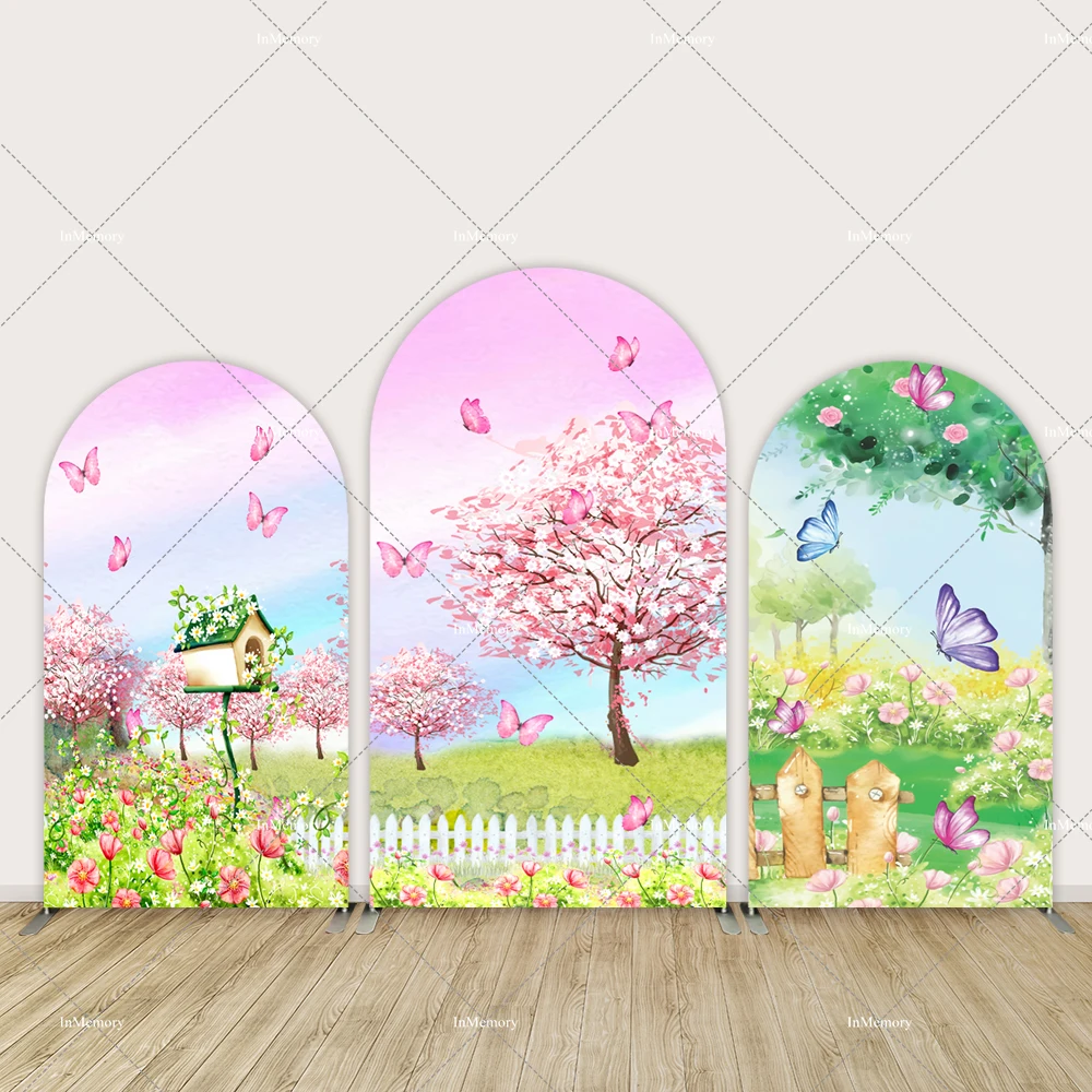 

Butterfly Cheey Blossom Wedding Party Decoration Arched Backdrop Cover Wall Spring Garden Photo Background Elastic Doubleside