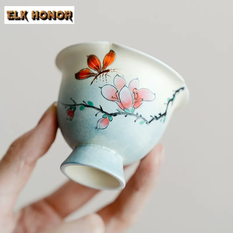 

55ml Pure Hand Drawn Magnolia Flower Teacup Vintage Tea Bowl Set of Cups Tea-tasting Personal Cup Chazhan Master Cups Drinkware