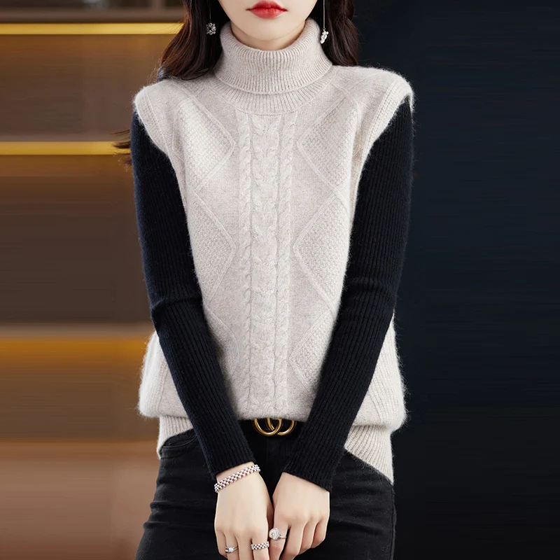 Autumn And Winter New Mink Cashmere Sweater High-Necked Vest Pure Wool Women's Simple And Versatile Back