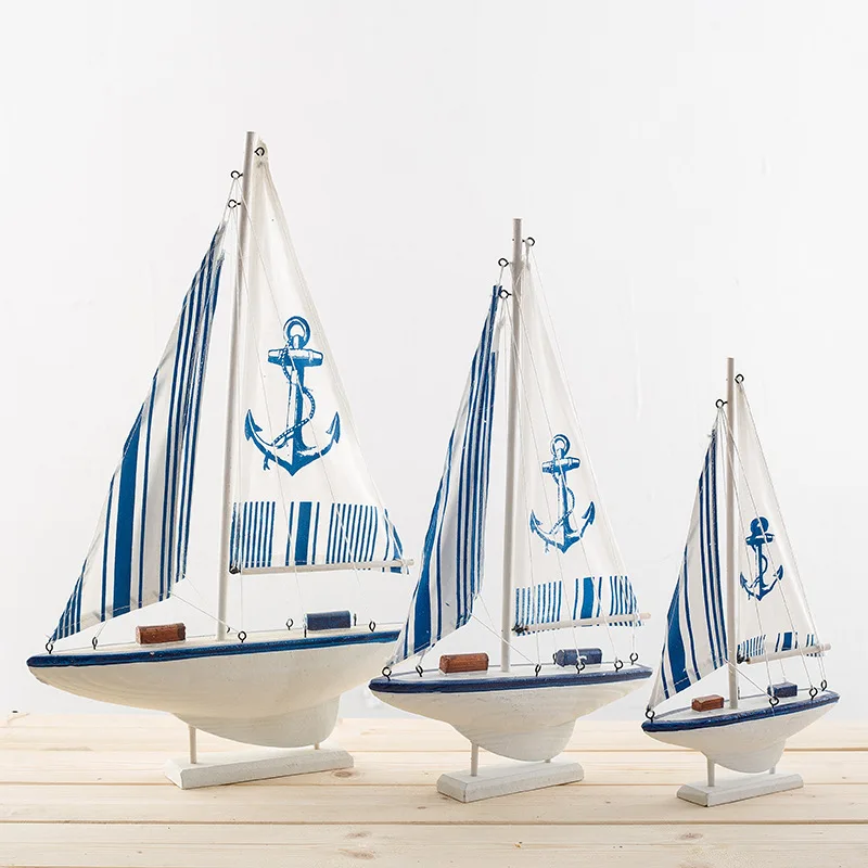 Mediterranean Style Wooden Sailboat Model Ornaments Miniatures Boat Desktop Home Accessories Crafts Living Room Decoration Gift