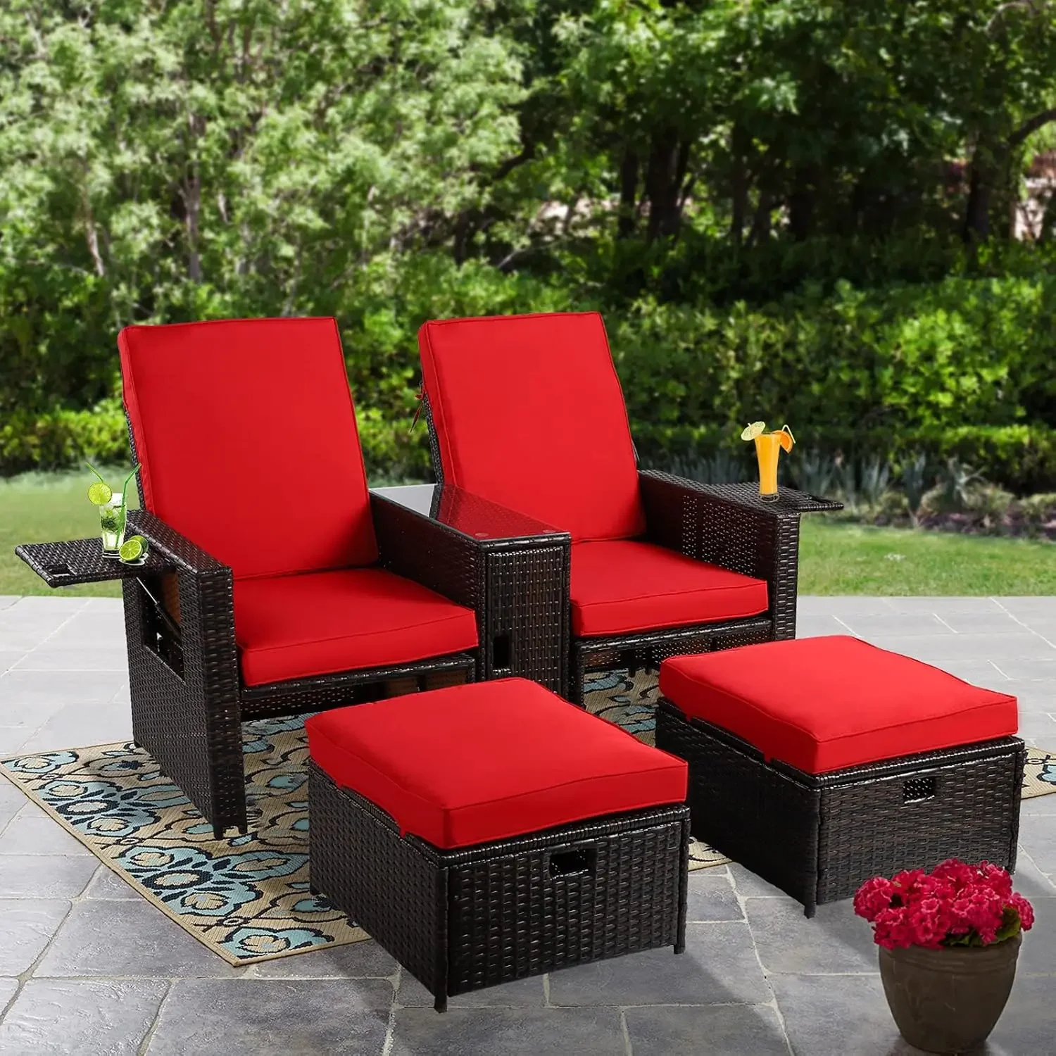 5-Piece Patio Wicker Furniture Set Outdoor Rattan Sofa Set Adjustable Lounge Chair with Ottoman,Coffee Table,Cushion for Garden