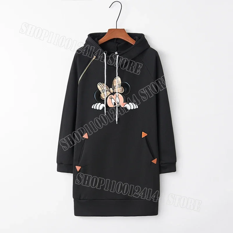 Disney Minnie Mouse Women Hoodies Dress Adult Casual Long Sleeve Pullover Dresses Anime Cute Printed Clothing New Hooded Clothes