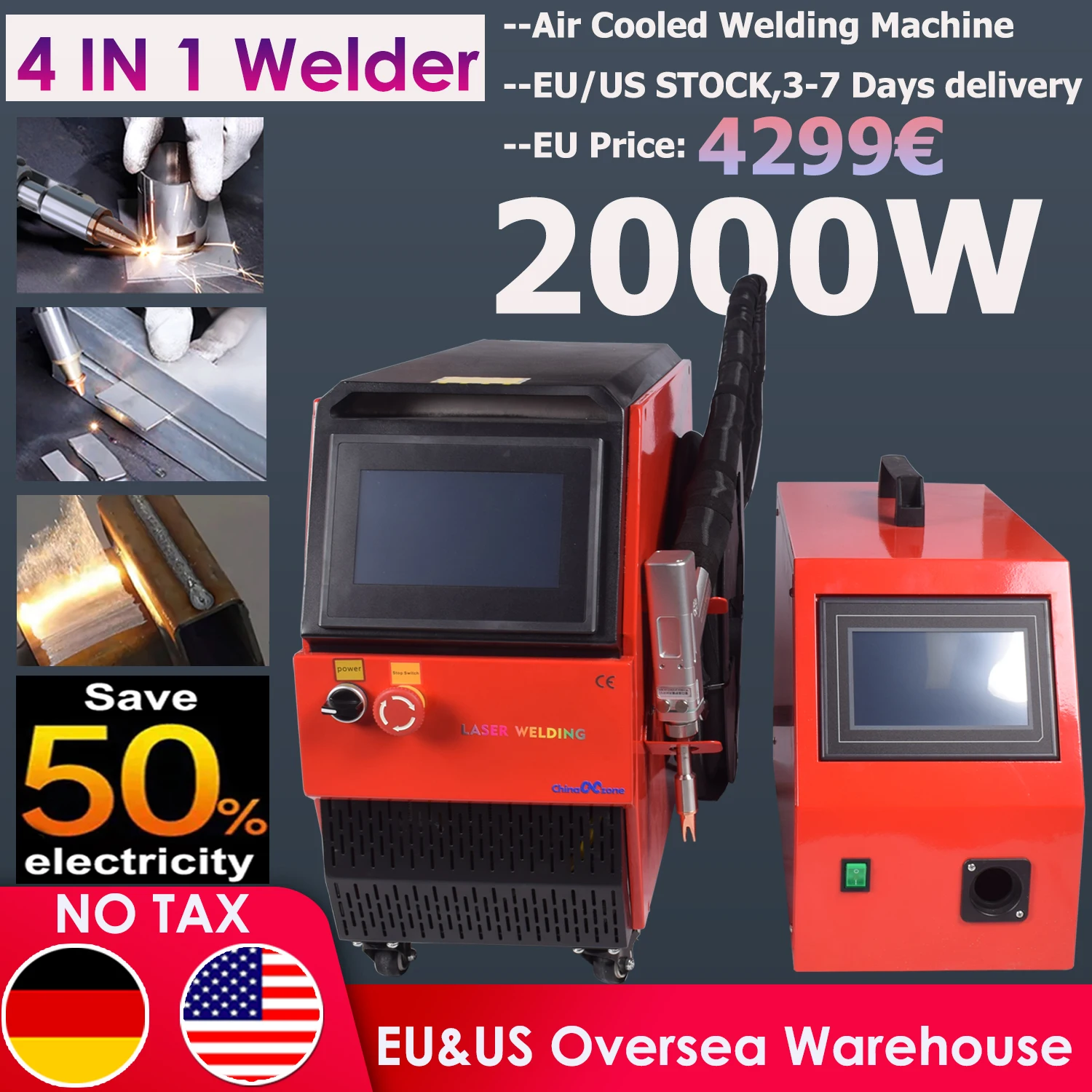 Soldador láser de refrigeración por aire de 2000W, máquina de soldadura láser refrigerada por aire 4 en 1 para soldadura de Metal, limpieza, corte, pistola de soldar SUP23T