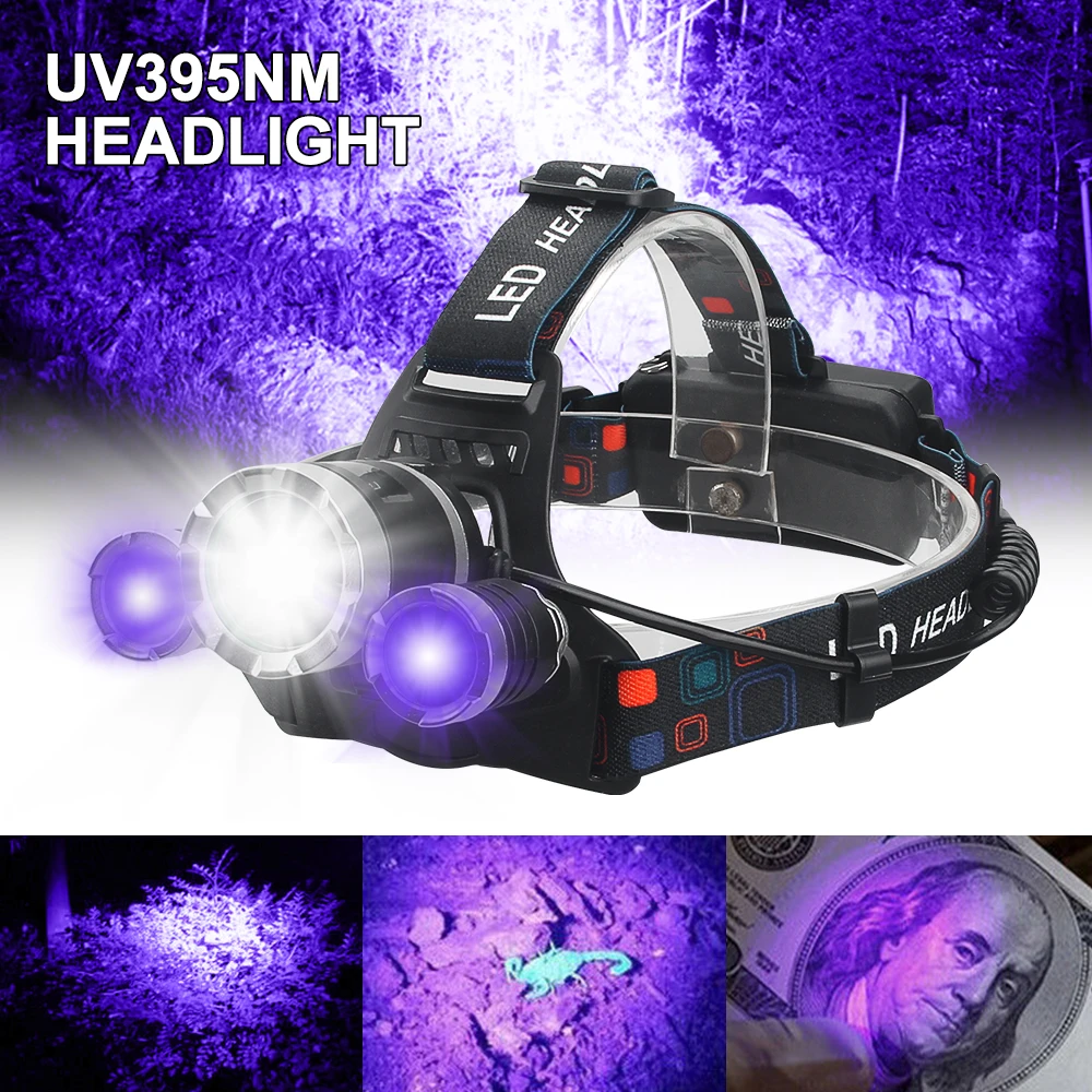 Red Hunting Headlamp White Zoomable Fishing Headlight RGB White/Green Head Torch UV 395NM Ultraviolet Light Catch Scorpions