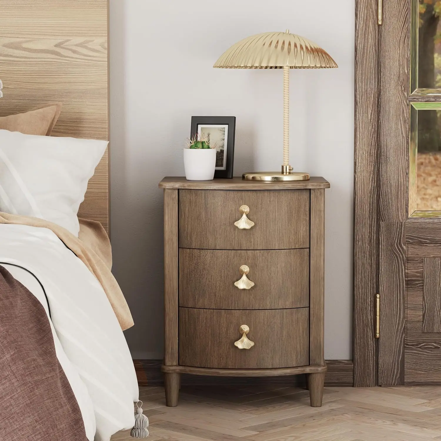 Elegant 3-Drawer Nightstand Gold Leaf Handles Vintage Curved Front Distressed Finish Brown, Customized