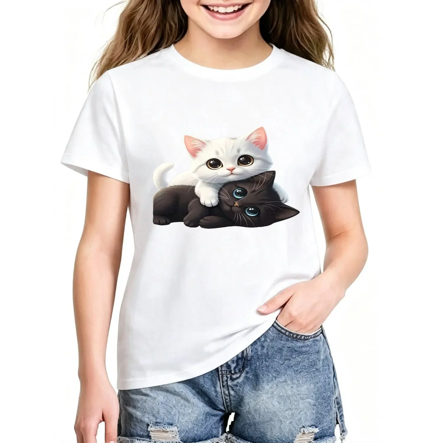 Girls T Shirts Black And White Cute Cat Hug Print Round Neck Healing Kitten Base Layer for Gift for Cat Lovers Home Wear Companion Casual Outfit Present