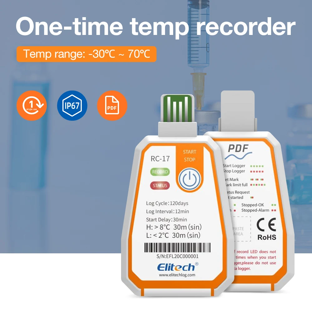 -30 ℃ ~70 ℃   Одноразовый USB-регистратор температуры RC-17 RC-17N 120-дневный регистратор данных температуры PDF-отчет для транспортировки холодной цепочки