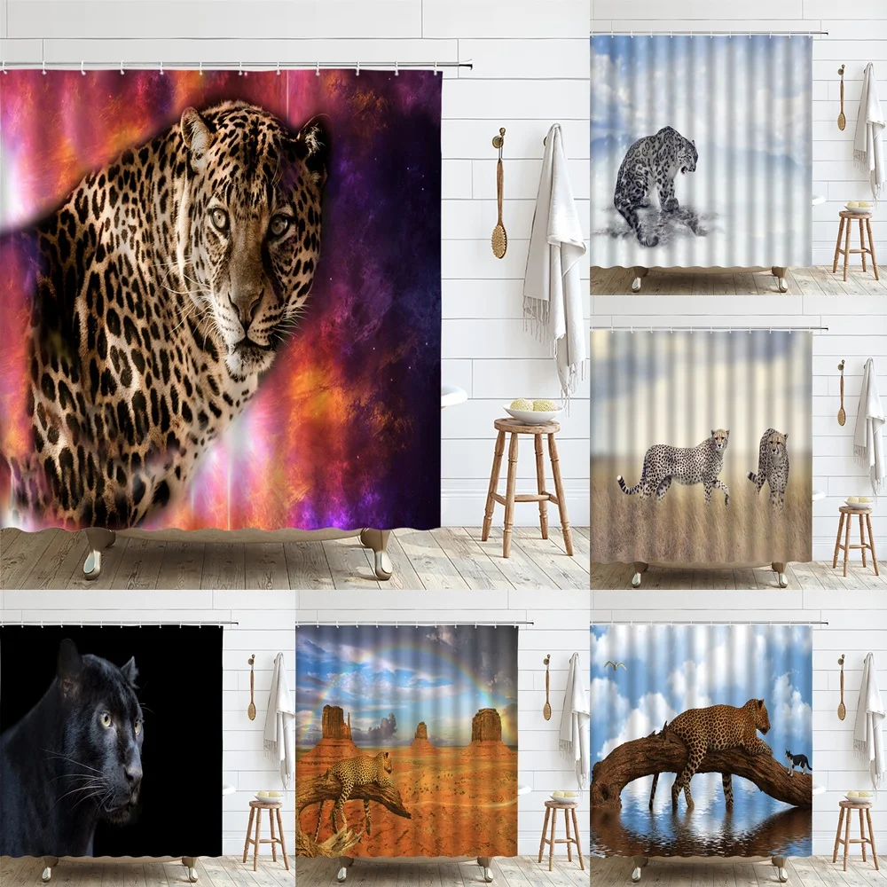 

Leopard Shower Curtain African Wild Animal Cheetah Safari Colorful Starry Sky Fabric Screen Bathroom Decor Curtains with Hooks