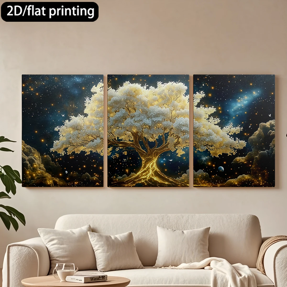 

Набор из 3 картин на холсте в деревянной раме: Зачарованное небесное дерево, звездное небо. Декор для коридора, гостиной.