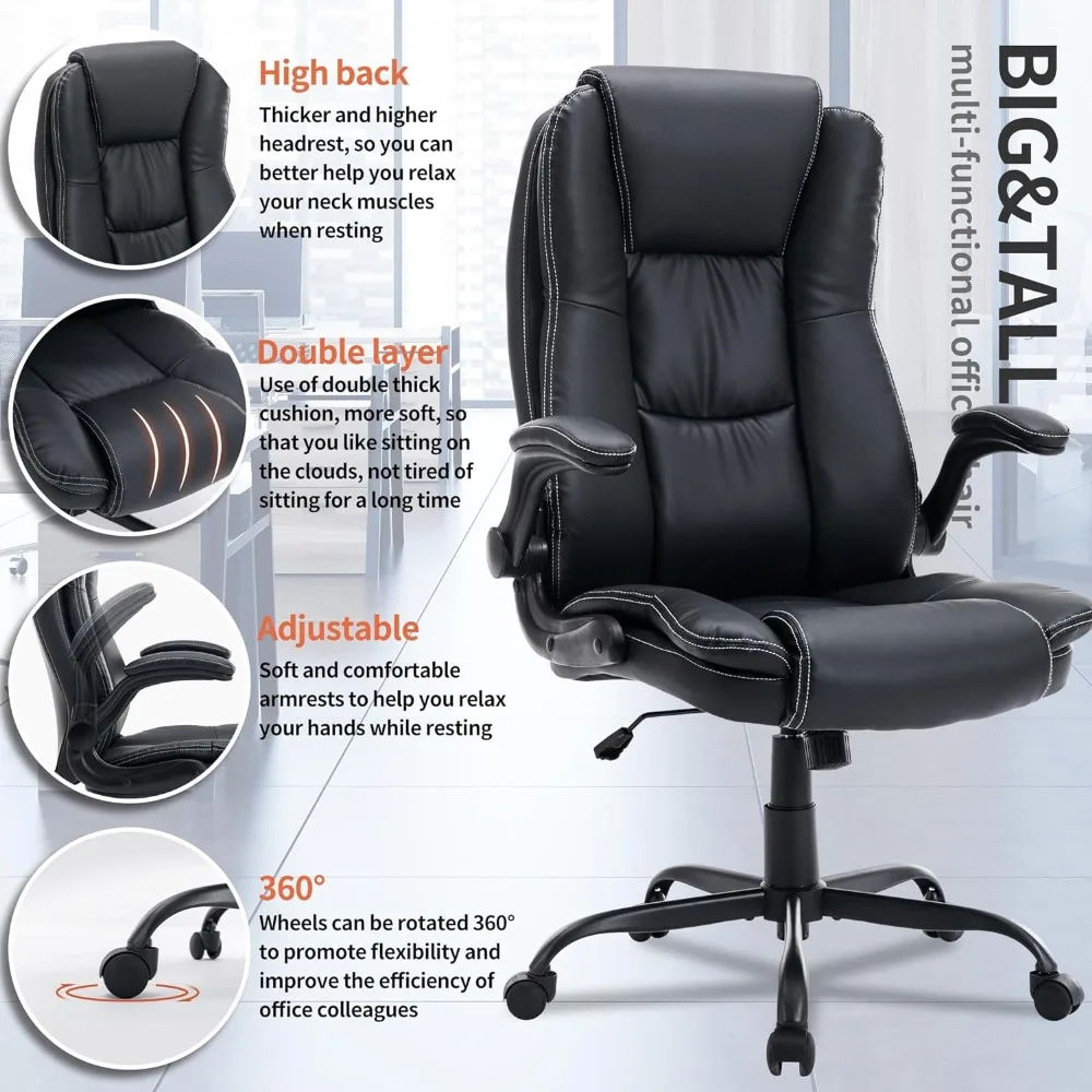 High Back Office Chair, Leather Executive Office Chair, Ergonomic Home Office Desk Chair with Flip-up Arms and Back Support