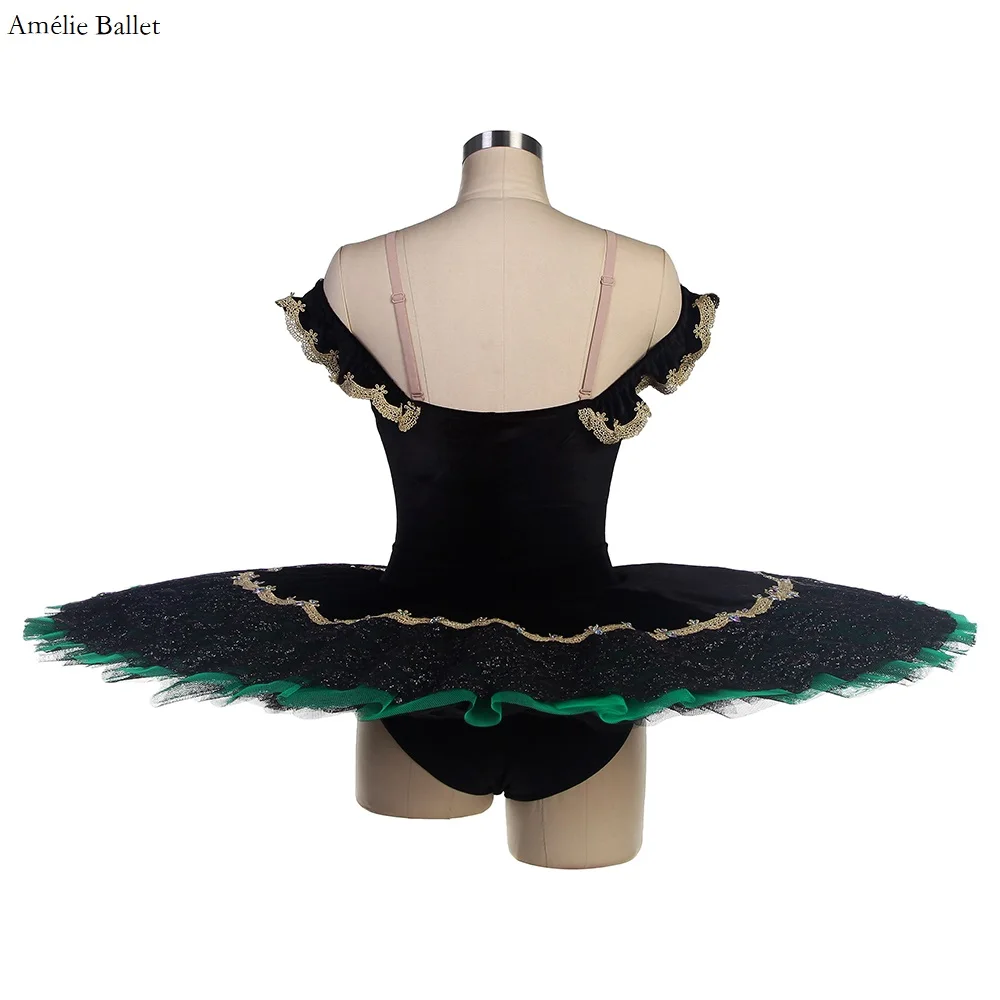 Bll551 corpete de veludo preto com ombro de fora, tutu de balé pré-profissional com acabamento dourado, tutu de balé perforamcne, tule vermelho/verde