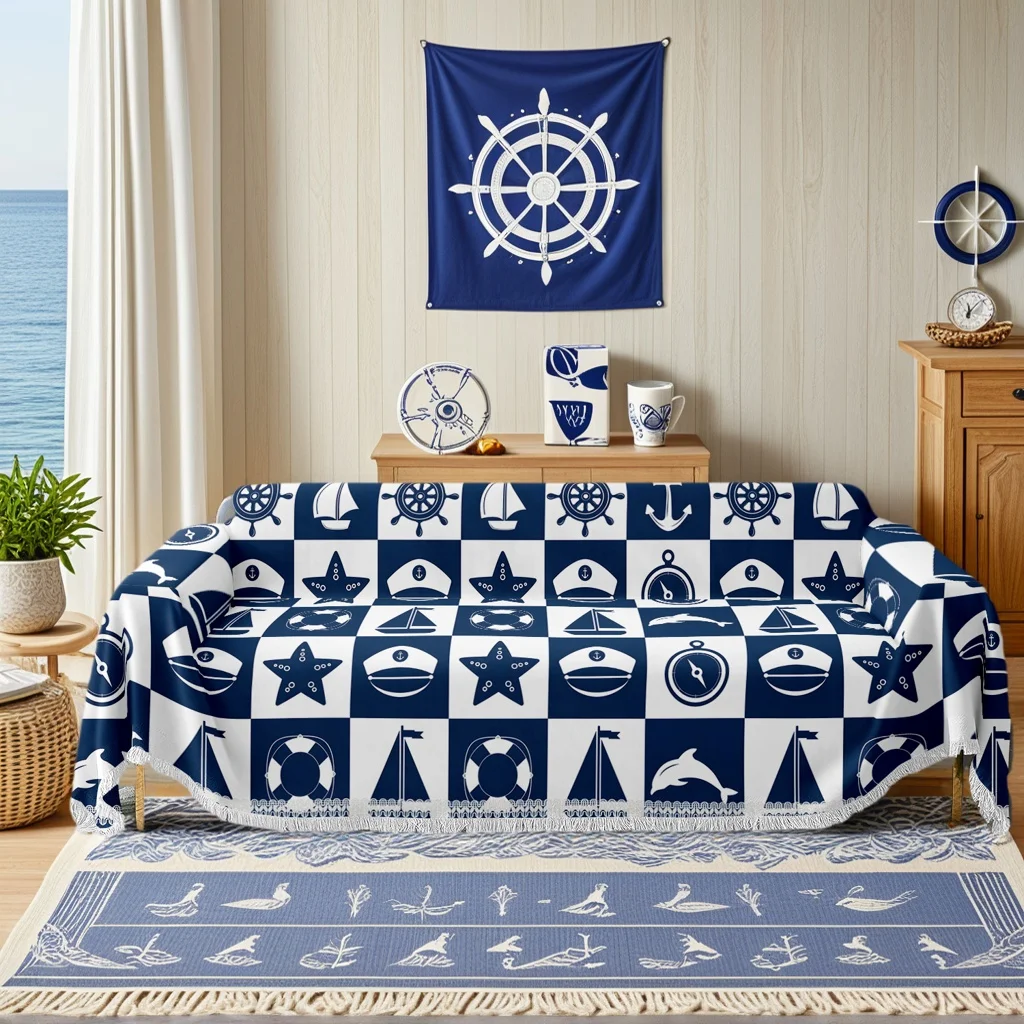 1pc Nautical Checkerboard Sofa Cover, Marine Sailor Couch Throw, Soft Washable Protector with Tassels