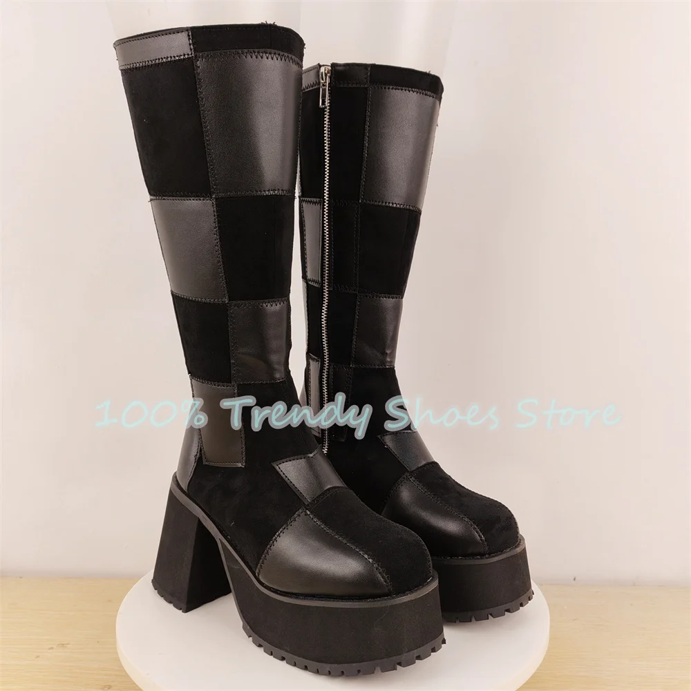 Mixed Color Geometry Splicing Knee High Boots Women Punk Chunky Platform High Heel Long Boots Lady Winter Outside Knight Boots