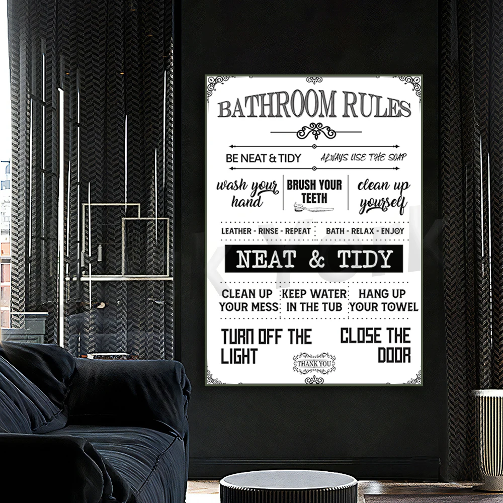Bathroom Rules Funny Bathroom Quotes Black and White Typography Wall Art Print for Bath Toilet Restroom Bathroom Laundry Room