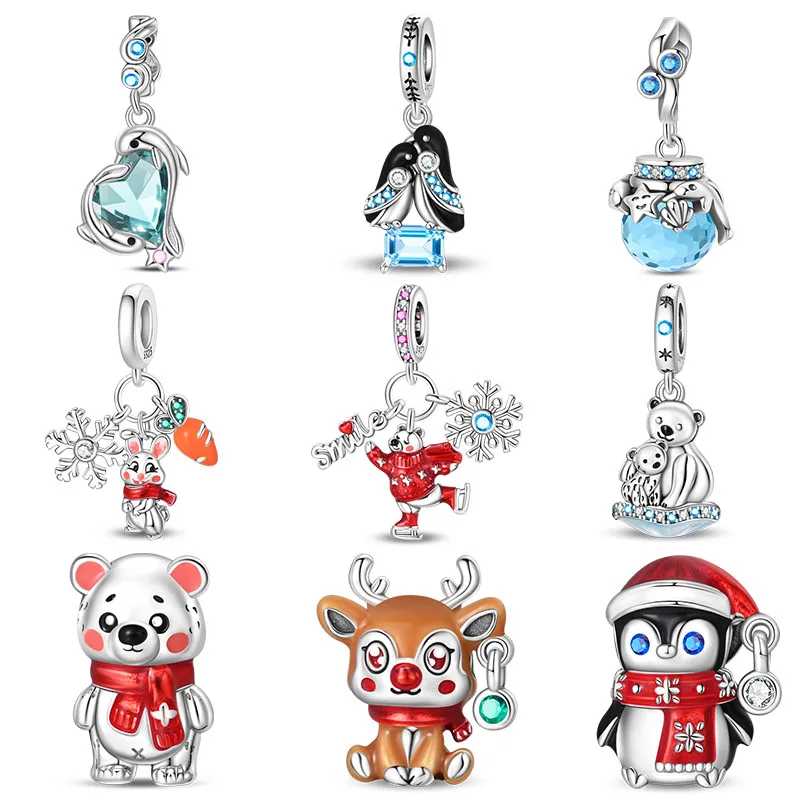 

925 Sterling Silver Warm Winter Little Bear Penguin Elk Charms Beads For Women Fit Original Bracelet DIY Jewelry Gifts