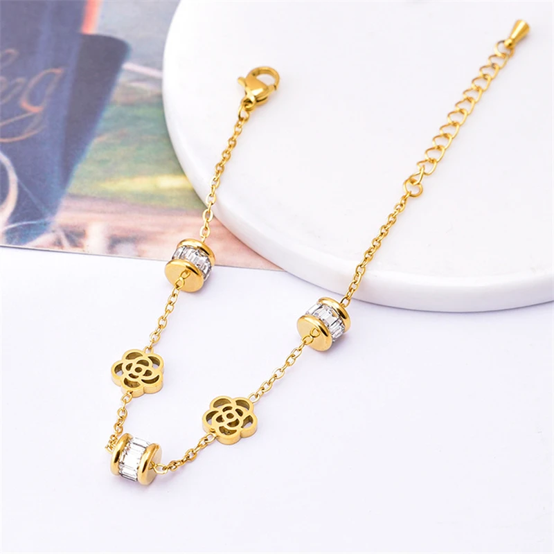 316L Stainless Steel New Fashion Fine Jewelry Zircon Good Luck Beads Welding Rose Flower Charm Chain Bracelets For Women