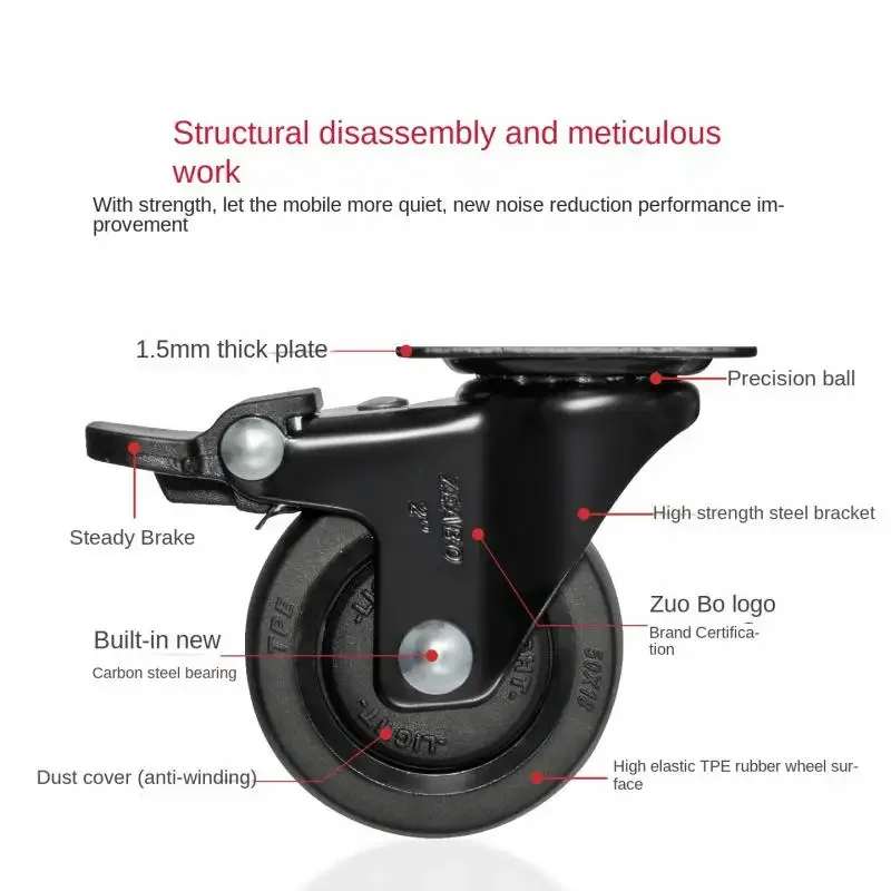 4 Pcs 1/1.25/1.5/2 Inch Black Furniture Casters, Universal Silent Rubber Wheels For Smooth Rolling