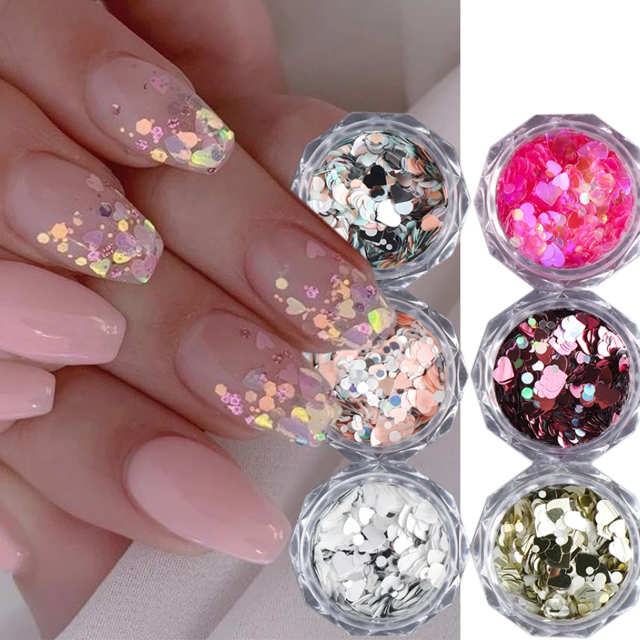 Fantasy Color Nail Art Sequins Cute Macaron Color Polka Dot and Heart Design Laser Heart Nail Charm for Y2K Nail Art Decoration