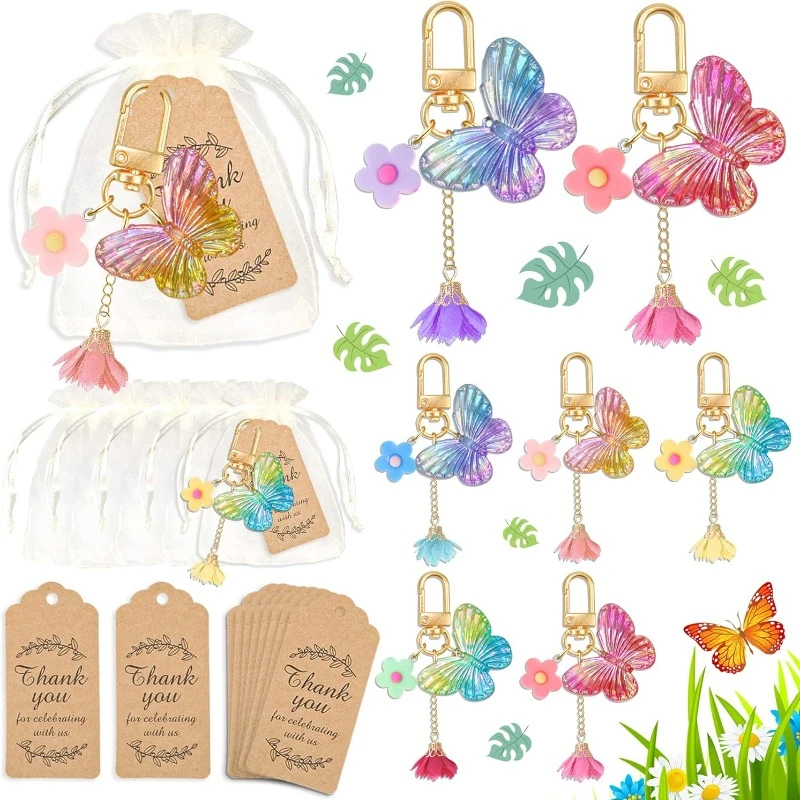 12 Sets Butterfly Party Favors Girls Birthday Party Baby Shower Wedding Gifts Butterfly Keychain Thank You Kraft Tags Goodie Bag