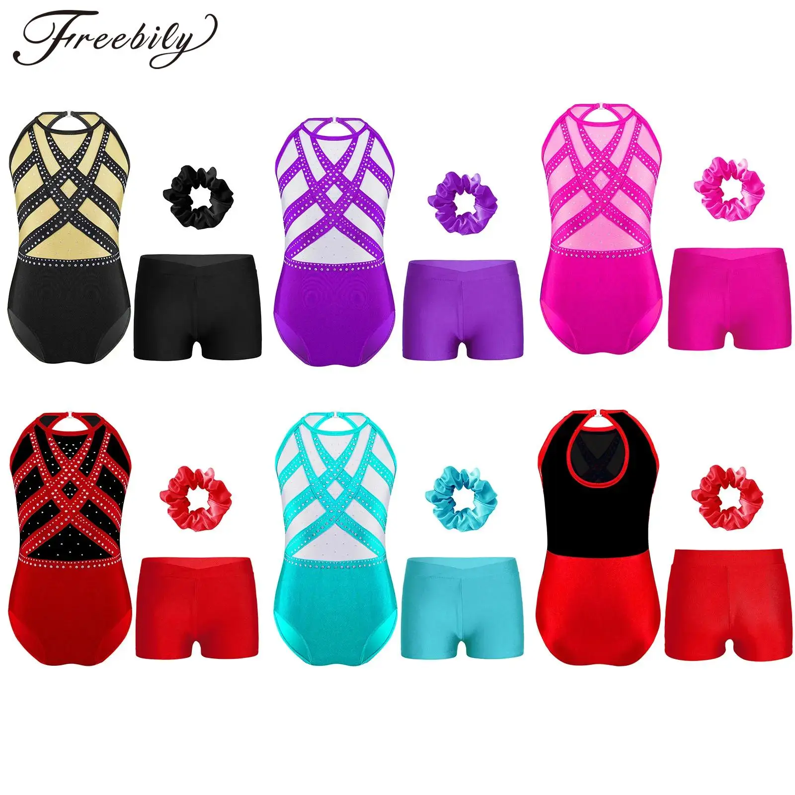 

Child Dancewear Sets Kids Girls Rhinestones Gymnastics Leotard Ballet Outfit Sleeveless Skating Bodysuit with Shorts Headwear