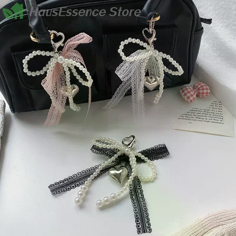 ※1Pcs Sweet Lace Bow Beaded Keychain Mobile Phone Charm Strap Pendant For Decor Accessories Pack Hanging Cord Women Girl