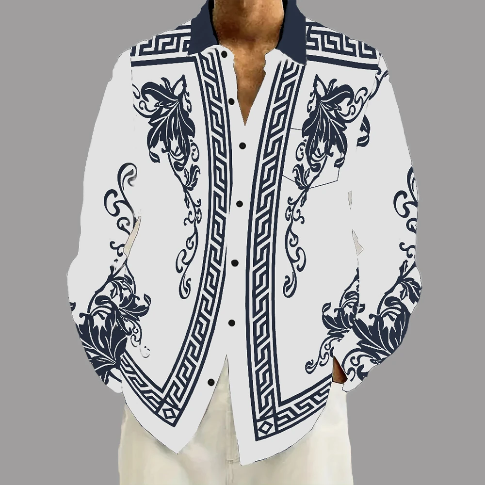 19 Colors Hot Sale Vintage Men's Long Sleeve Shirt Exquisite Print Men's Clothing Baroque Zipper Pattern Elegant Men's Tops