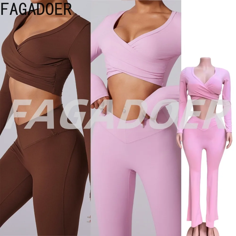 

FAGADOER Fashion Sports Bodycon 2 Piece Sets Woman Outfit Long Sleeve Deep V-neck Crop Top and Leggings Female Streetwear New