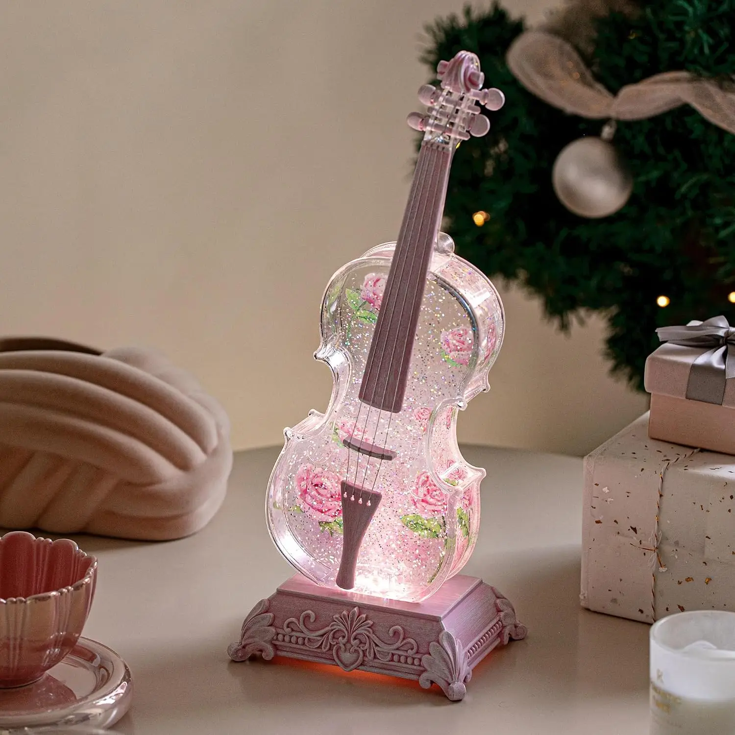 Violin Snow Globe Music Box with Pink Rose, Birthday & Valentine’s Day Gift for Little Girls, Women, Granddaughters and Violinists