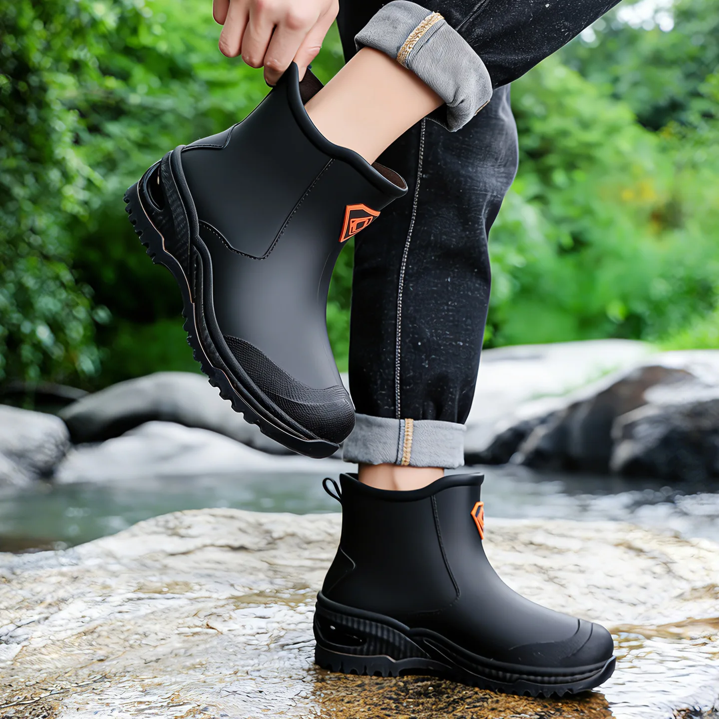 Wear resistant thick soled water boots, military green river tracing men's short boots, rain boots, waterproof men's water shoes view 2