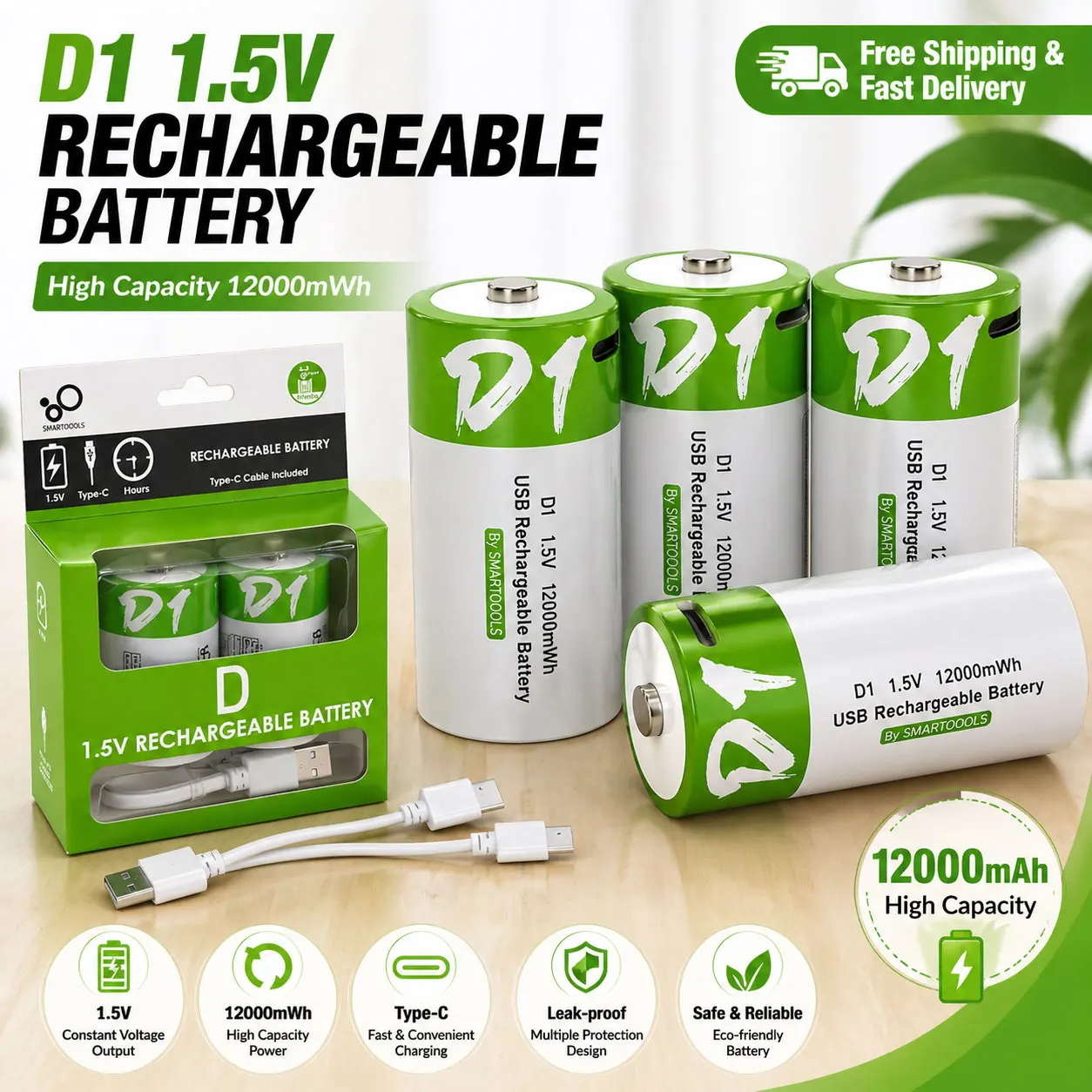 

1# D Size Rechargeable Battery 12000mWh 1.5V Li-ion LR20 USB Charging with Type-C Cable for Gas Cooker Liquefied Gas Appliances