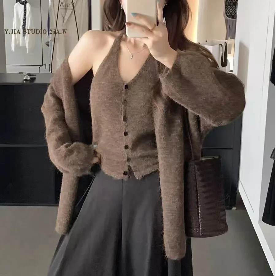 

Korean Sle Simple Elegance Soft V-Ne Knitted Open Cardigan Top Ne Hanging Casual Slim Bal Vest Two-Piece Set Women