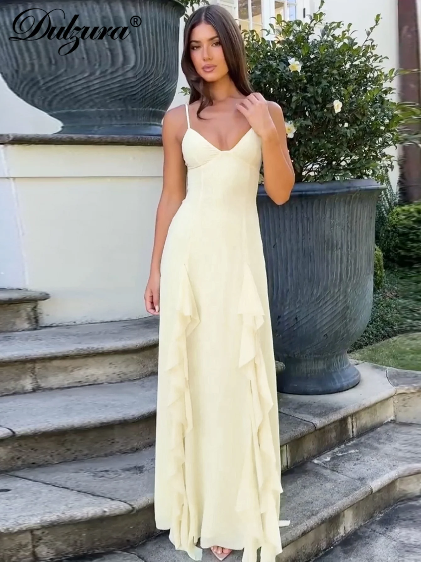 Dulzura بلا أكمام عارية الذراعين سليم الجانب الشق شبكة الكشكشة كامي فستان ماكسي الصلبة مثير أنيق فستان طويل نادي الحفلات ملابس الصيف