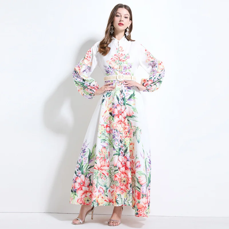 2025 Vacation Style Watercolor Floral Linen Print Lantern Sleeve Waist-Defining Full Skirt Ruffled Dress A001