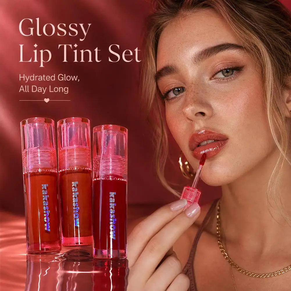 3Pcs Water Gloss Lip Tint Set Mirror Watery Liquid Lipstick Hydrating Shiny Lip Glaze Long Lasting Cosmetics