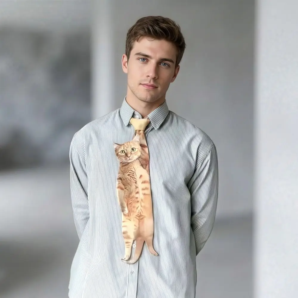 3D Cat Cat-shaped Men's Tie Novelty Animal Pattern Kitten Necktie Satin Fabric Lifelike Creative Neck Tie For Wedding and Party