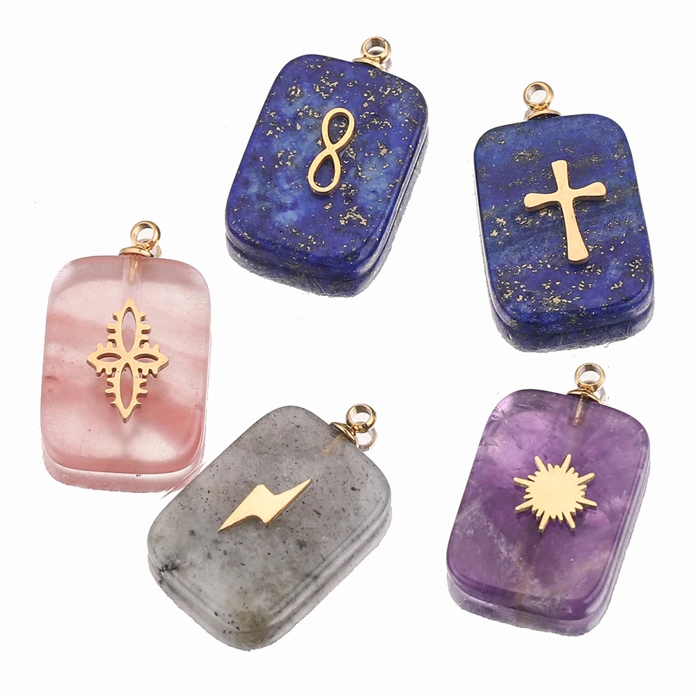 5pcs 12.5*17mm Natural Stone Stainless Steel Square Charms Quartz Cross Pendants DIY Earring Necklaces Jewelry Making Wholesale - Image 4