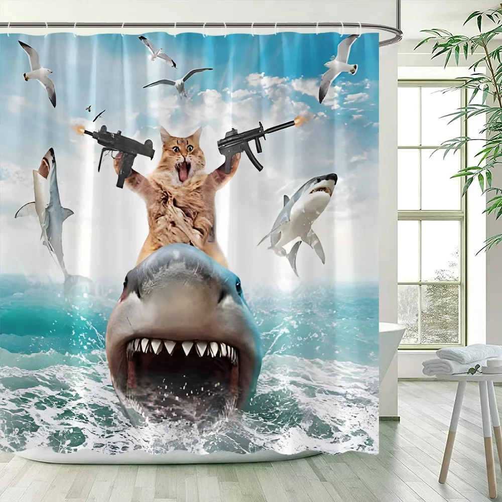 Funny Shower Curtains Cat Riding Shark Ocean Birds Sea Waves Cool Fun Bath Curtain Polyester Fabric Kids Bathroom Decor Sets