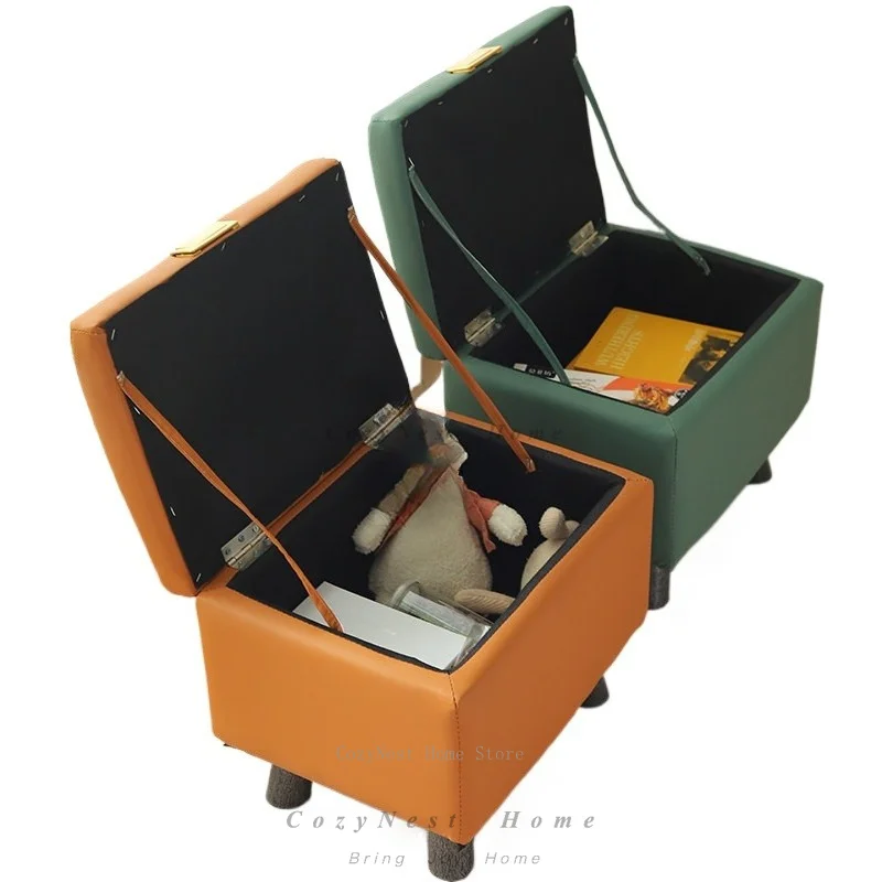 Can store shoe changing stool, solid wood low stool leather, foot stool at the door of household storage
