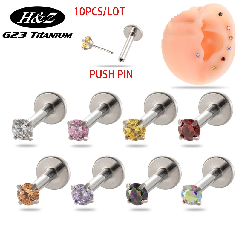 10Pc G23 Titanium 16G Threadless Push Pin Labret Stud CZ Cartilage Earring Helix Tragus Helix Nose Stud Body Piercing Jewelry