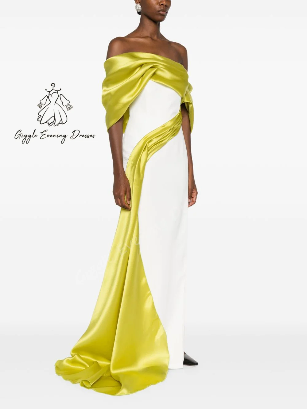 Giggle Customized Off The Shoulder Saudi Bright Organza Evening Gala Dress for women 2025 Short Sleeves Slit Cocktail Dress