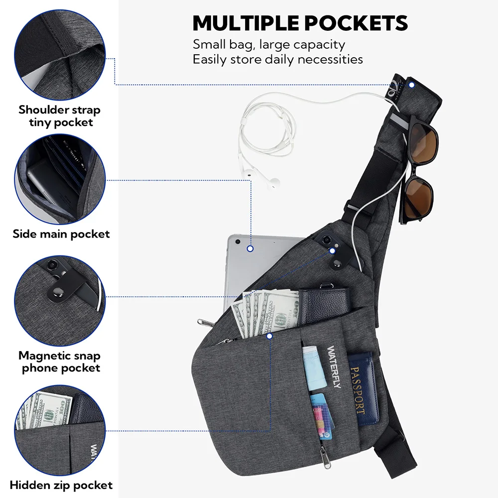 WATERFLY Torba na ramię Torba na klatkę piersiową Slim Anti-Theft CrossBody Torby na ramię Plecak Stealth Side Pack Mężczyzna Kobieta