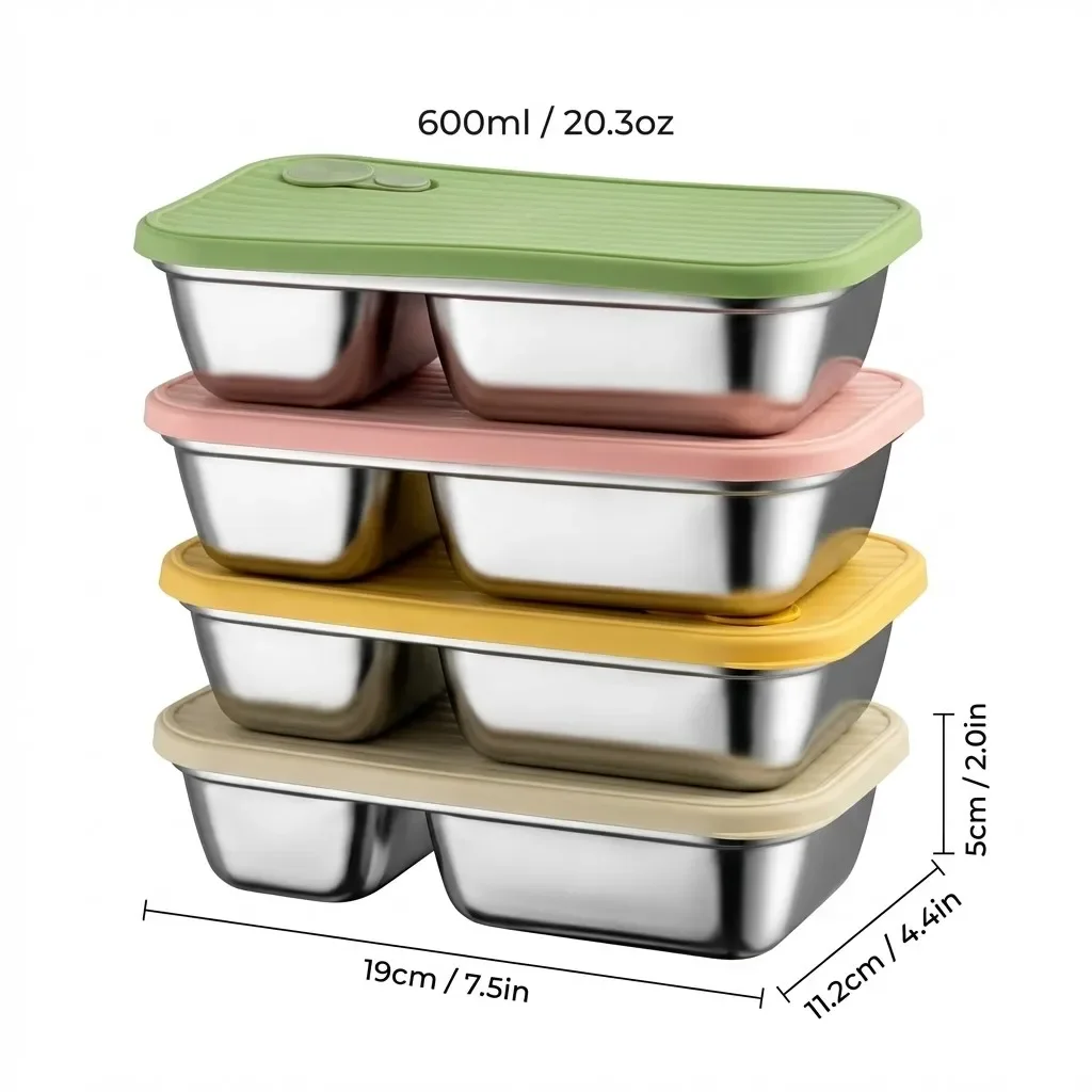 304 roestvrijstalen voedselbewaarcontainers met deksels, stapelbaar, verdeeld, luchtdicht, voor maaltijdvoorbereiding, lunchbox, keuken- en koelkastorganizer