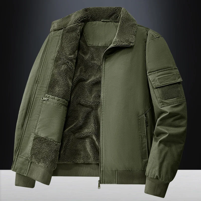 Men Winter New Washed Thick Fleece Lined Cotton Jacket Men Stand Collar Multi Pocket Jackets Men Middle Aged Business Workwear