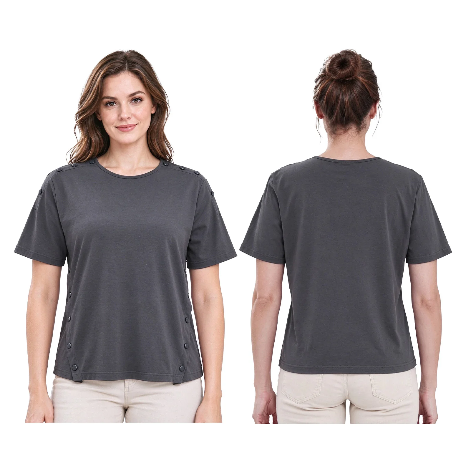 Women Post-surgery Adaptive T-shirt Press Buttons Casual Top for Postoperative Recovery Special Needs Daily Wear Loungewear