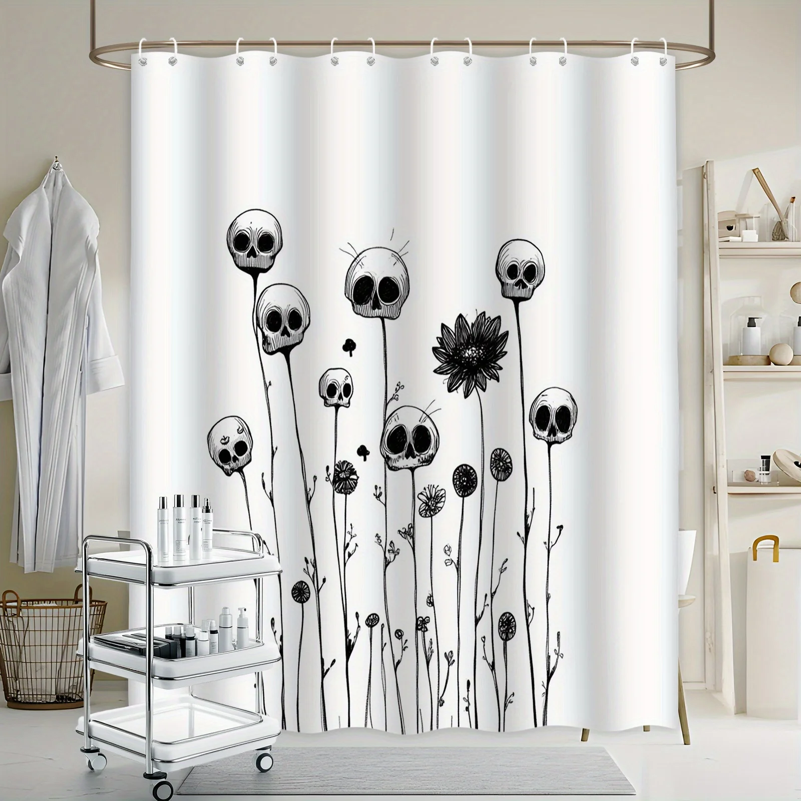 Novelty Skeleton Skull Shower Curtain Waterproof Bathroom Decor Gothic Halloween Funny Line Art Decoration