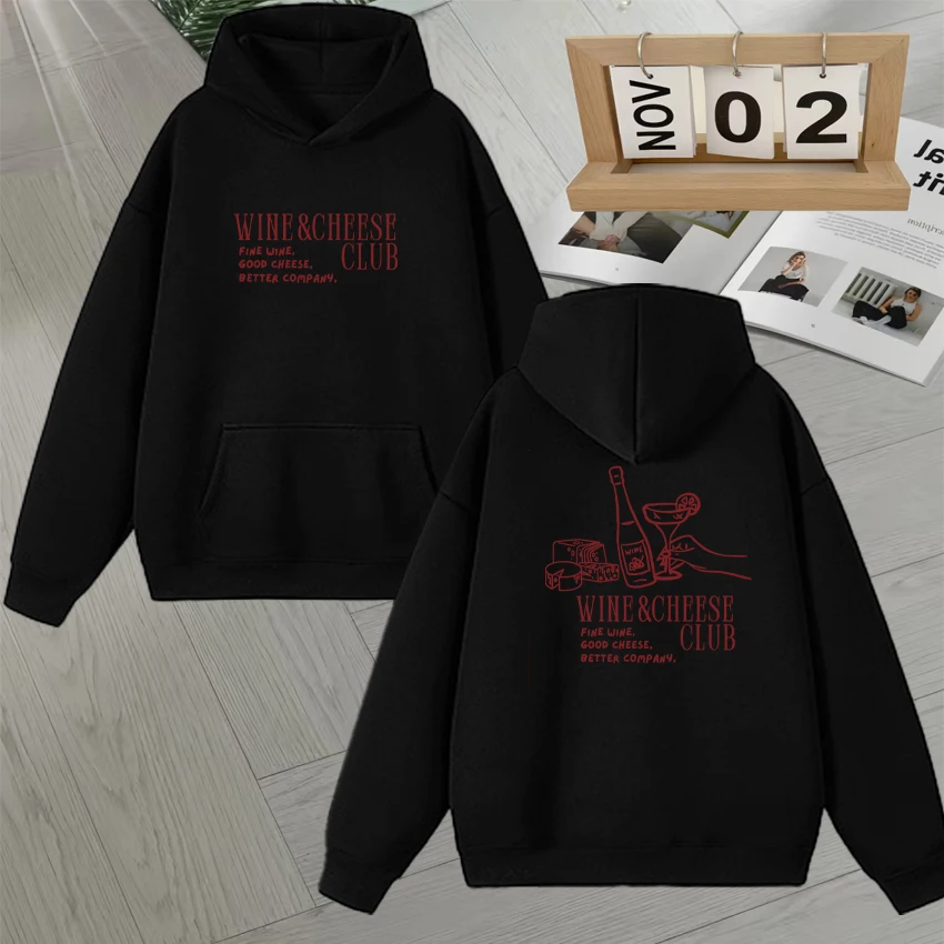 

Fashion Wine and Cheese Club Pattern Hoodie Autumn Winter Double Sided Print Streetwear Long sleeve Fleece Men Women Sweatshirts