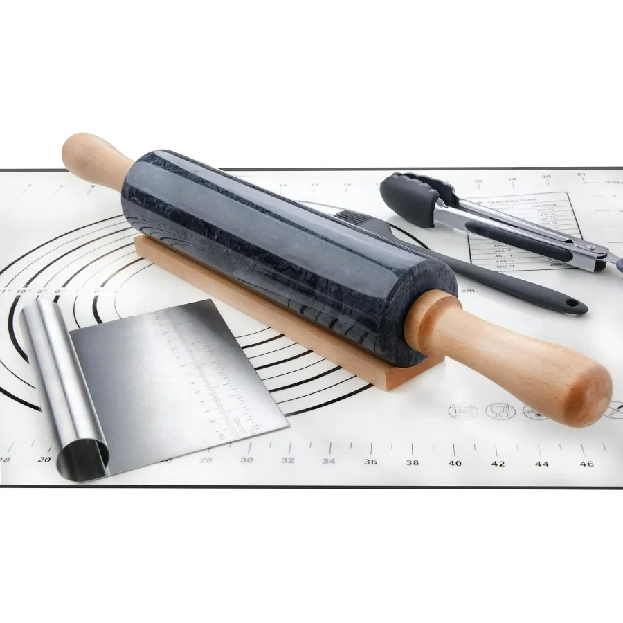 

Набор мраморных скалки с силиконовым ковриком для кондитерских изделий, кистью для теста, щипцами для приготовления пищи, скребком из нержавеющей стали 18,5 дюймов, полированным антипригарным покрытием R